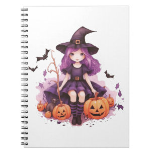 Caderno Espiral Pumpkins e morcegos bonito de bruxa pelada