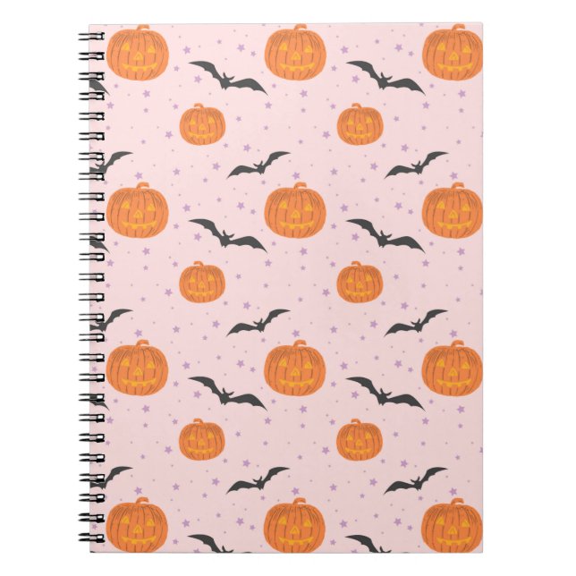 Caderno Espiral Pumpkins e morcegos de boneca do Halloween (Frente)