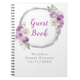 Caderno Espiral Purple and Silver Elegant Flowers Sweet Sixteen