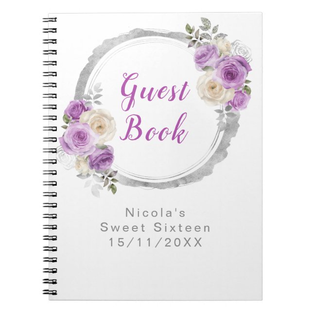 Caderno Espiral Purple and Silver Elegant Flowers Sweet Sixteen (Frente)