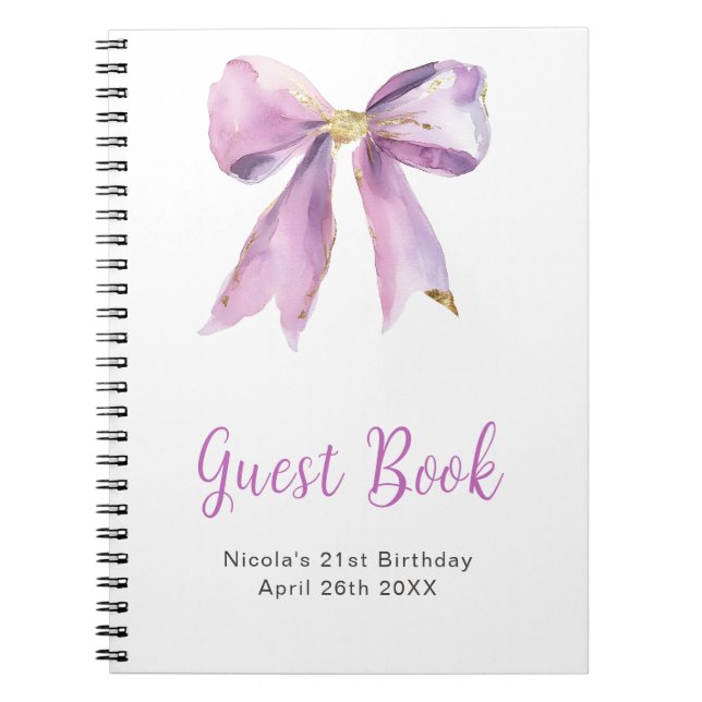 Caderno Espiral Purple Coquette Bow Birthday Party Guest Book (Frente)