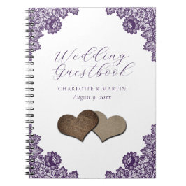 Caderno Espiral Purple Floral Lace Burlap Hearts Wedding Guestbook