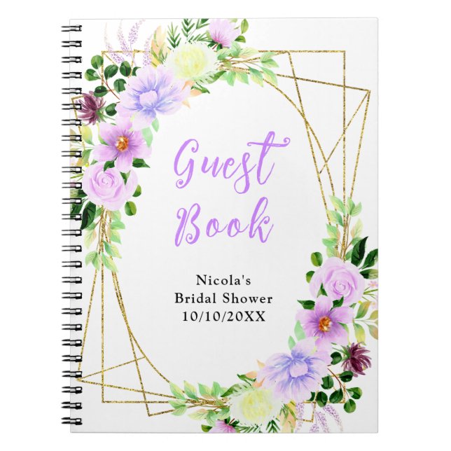 Caderno Espiral Purple Flowers Foliage Bridal Shower Guest Book (Frente)