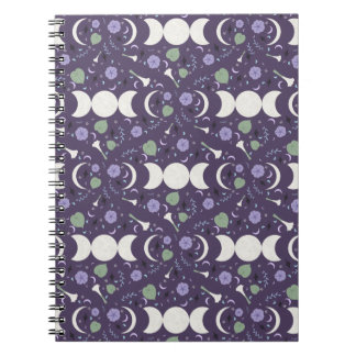 Caderno Espiral Purple Moon Phase Floral Pattern Spiral Notebook