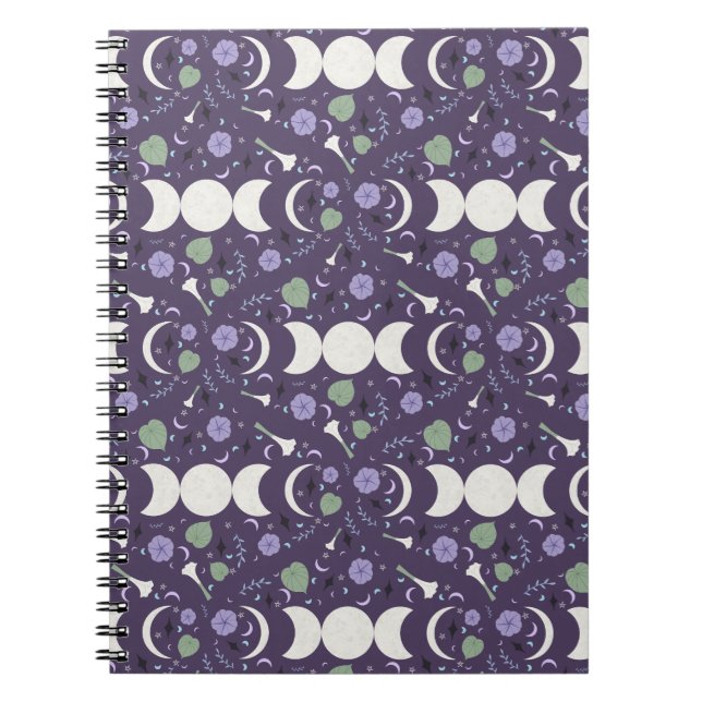 Caderno Espiral Purple Moon Phase Floral Pattern Spiral Notebook (Frente)
