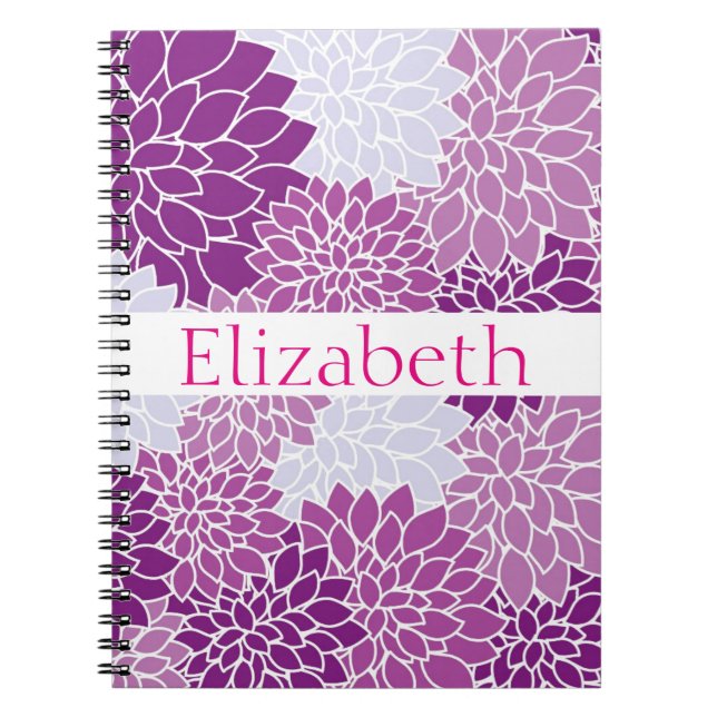 Caderno Espiral Púrpura Branca Rosa, Padrão Floral Personalizado (Frente)