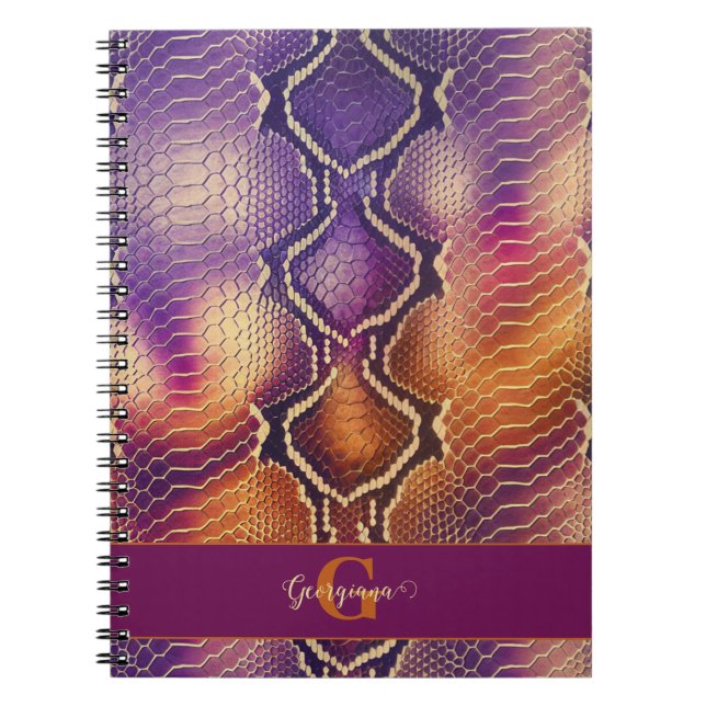 Caderno Espiral Púrpura e Púrpura e Pele Cobra de Shimmering Doura (Frente)