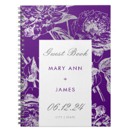 Caderno Espiral Púrpura Floral Simples de Prata de Casamento