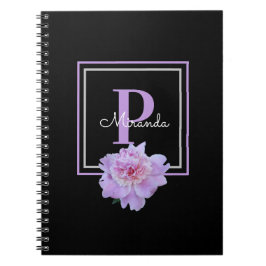 Caderno Espiral Púrpura Monograma Cor-de-rosa Flor Preto