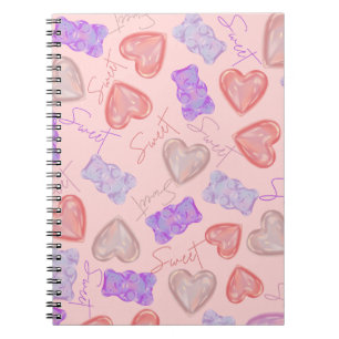 Caderno Espiral Púrpura Púrpura Suave Urso e Padrão Cardíaco