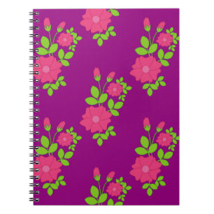 Caderno Espiral Púrpura, sem costura, com flores cor-de-rosa e ver
