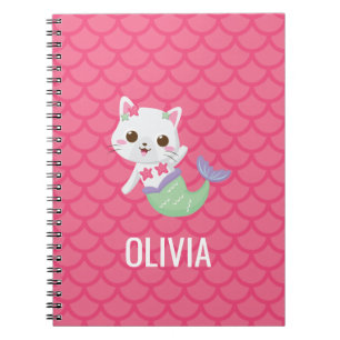 Caderno Espiral Purrmaid sereia gatinho escamas rosa personalizado