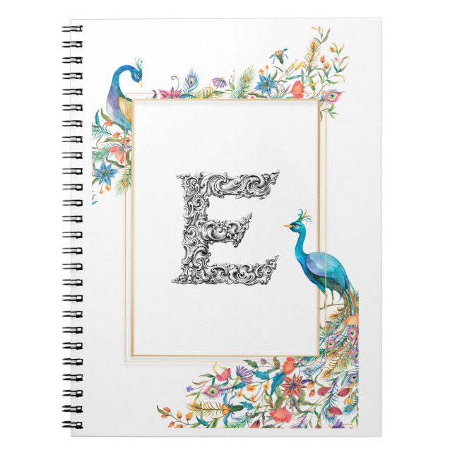 Caderno Espiral Quadro com pavões e flores de aquarelas - E (Frente)