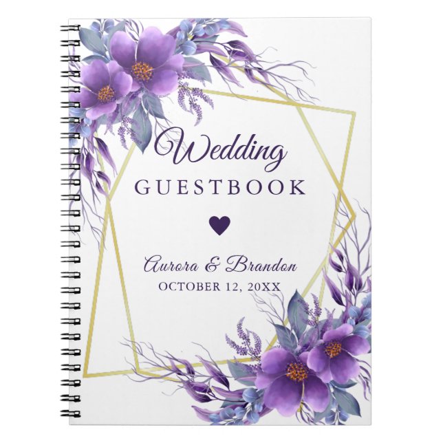 Caderno Espiral Quadro Geométrico Dourado Floral Roxo de Casamento (Frente)