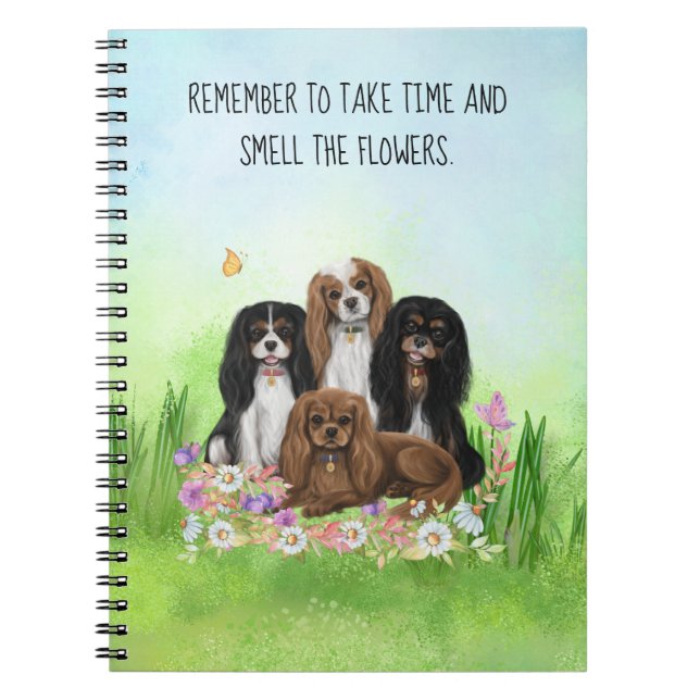 Caderno Espiral Quatro Cavaleiros Rei Charles Spaniels em Flores (Frente)