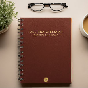 Caderno Espiral Quic Faux Red Leather & Dourado Monograma Name