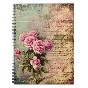 Caderno Espiral Quic francês country, chique, rosas rosa, flora