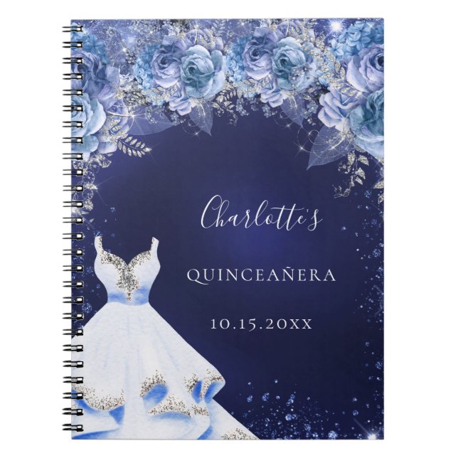 Caderno Espiral Quinceanera Blue Glitter vestido livro de hóspedes (Frente)