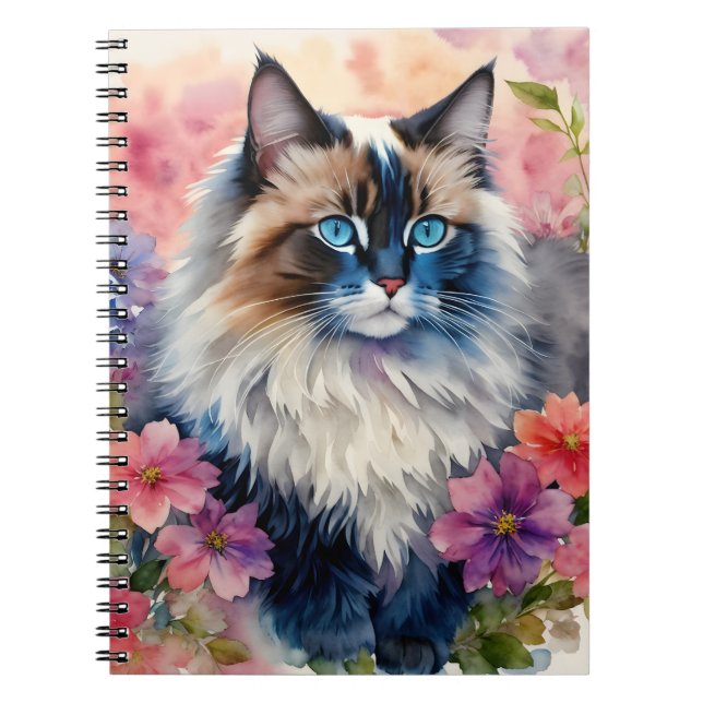 Caderno Espiral Ragdoll Cat Retrato Floral (Frente)