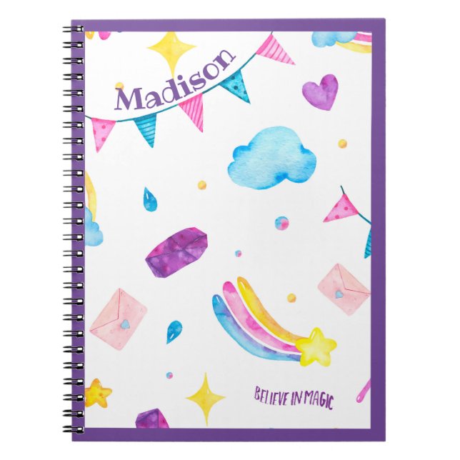 Caderno Espiral Rainbow Purple Personalize Name Girly Cute (Frente)