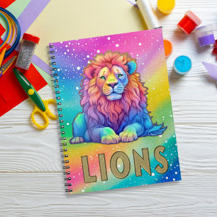 Caderno Espiral Rainbow Watercolor Lion com Faux Glitter e Gold