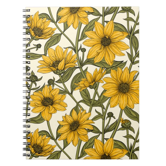 Caderno Espiral Raízes de sol, girassol selvagem em branco (Frente)