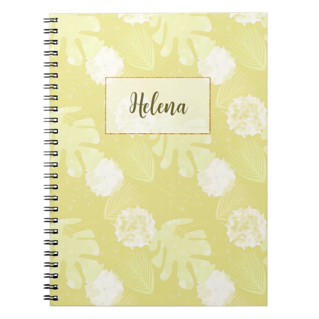 Caderno Espiral Ramais, folhas e flores de cor bege leitoso. (Frente)