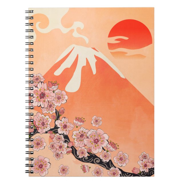 Caderno Espiral Ramificação Sakura e vulcão (Frente)