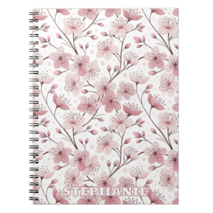 Caderno Espiral Ramos Brancos de Flor de Cerejeira Rosa Romântica