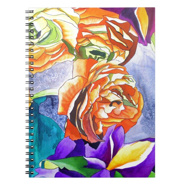 Caderno Espiral Ranunculus e Iris watercolor art (Frente)