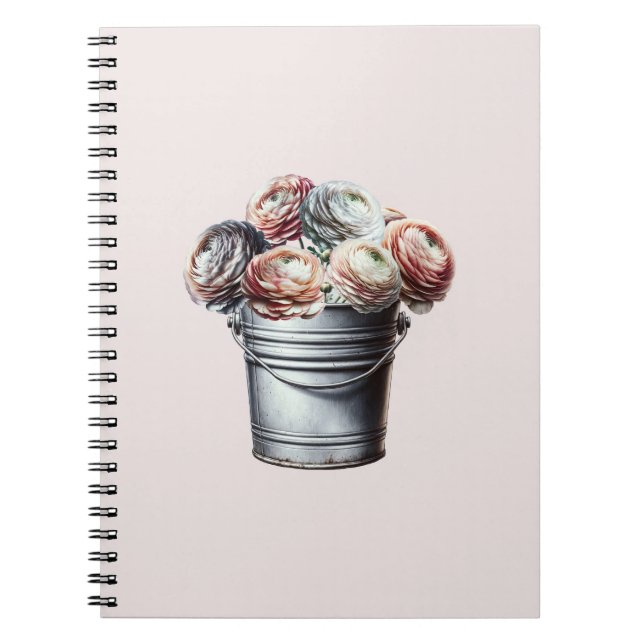 Caderno Espiral Ranunculus em Balde de Lata Glam Rústico Rosa (Frente)
