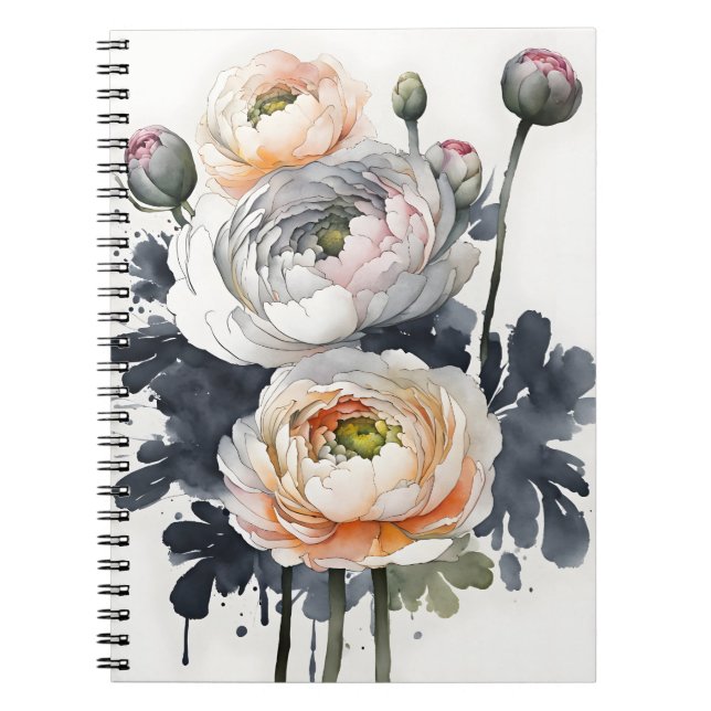 Caderno Espiral Ranunculus - Flores em aquarela (Frente)