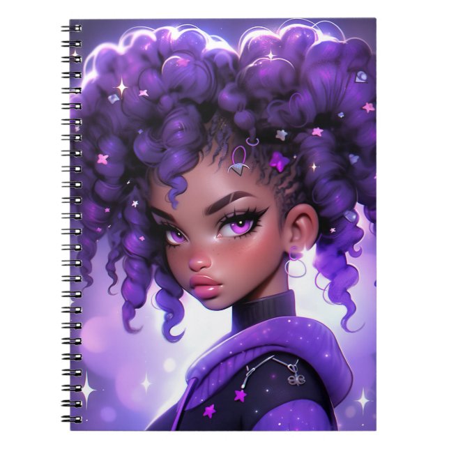 Caderno Espiral Rapariga da Galáxia Roxa com Cabelo Curvo (Frente)