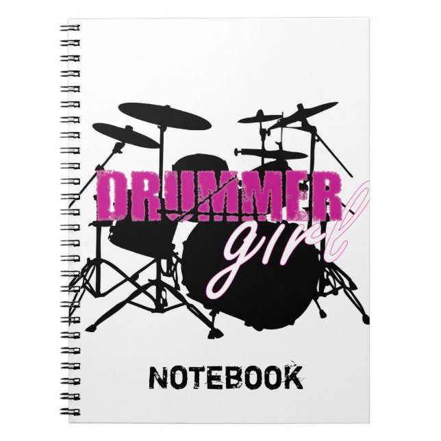 Caderno Espiral Rapariga de Drummer com Texto Roxo e Grungue Negro (Frente)