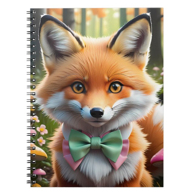 Caderno Espiral Raposa Fofa com um Laço Verde e Rosa (Frente)