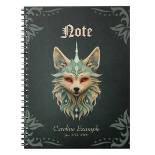 Caderno Espiral Raposa mística com olhos vermelhos perfurantes.