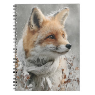 Caderno Espiral Raposa Vermelha Usando um Cachecol de Tricô em um