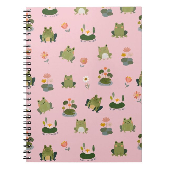 Caderno Espiral Rãs e Folhas de Lótus em Rosa Claro (Frente)