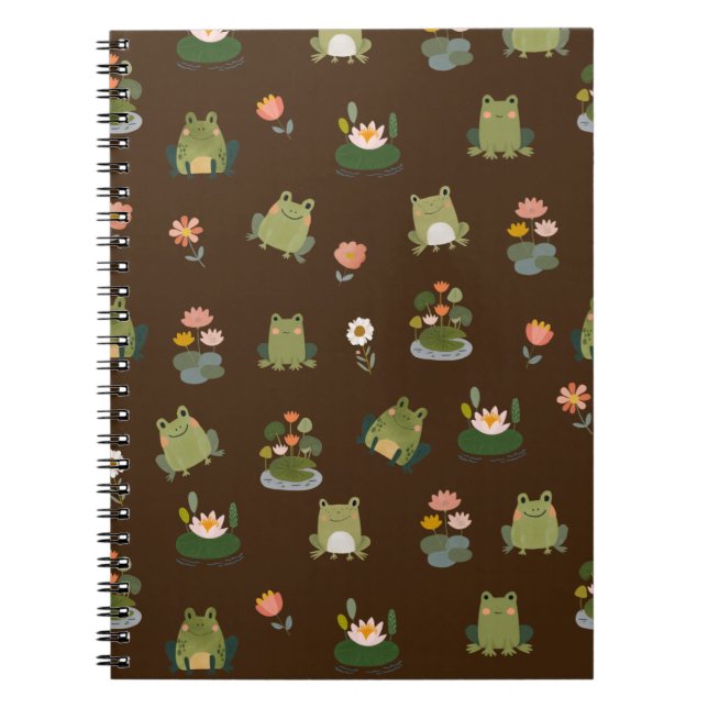 Caderno Espiral Rãs e Folhas de Nenúfar em Marrom Escuro (Frente)