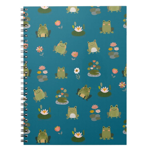 Caderno Espiral Rãs & Folhas de Lótus em Azul Turquesa (Frente)