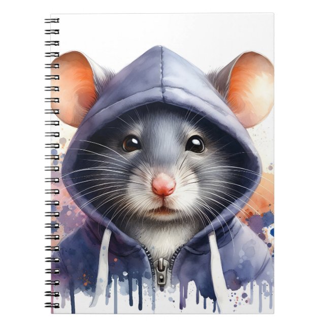 Caderno Espiral Rato de Aquarela em Arte Esplética de Hoodie Escur (Frente)