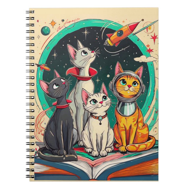 Caderno Espiral Reading Opens a Gateway to Cosmic Cat Adventures (Frente)