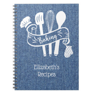 Caderno Espiral Receita de Assar Azul Branco Falso Denim Personali
