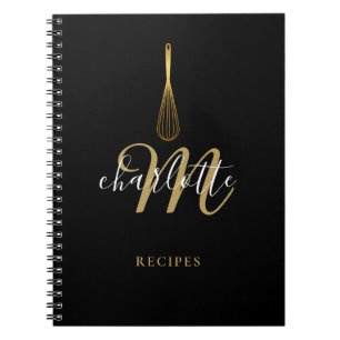 Caderno Espiral Receita Dourada de Whisk Preta do Monograma de Scr