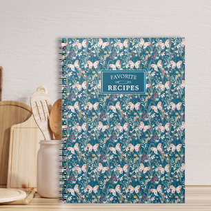 Caderno Espiral Receita Favorita de Boho Azul Floral Personalizado