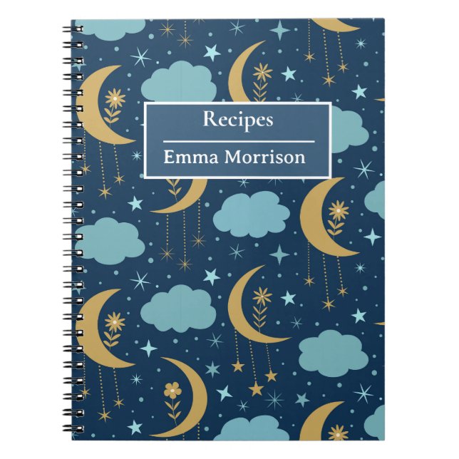 Caderno Espiral Receita Personalizada Boho Lua Floral Dourada  (Frente)