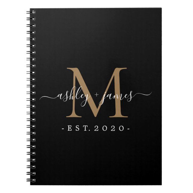 Caderno Espiral Recém-casado Sr. Monograma Nomes Ano Dourado Preto (Frente)