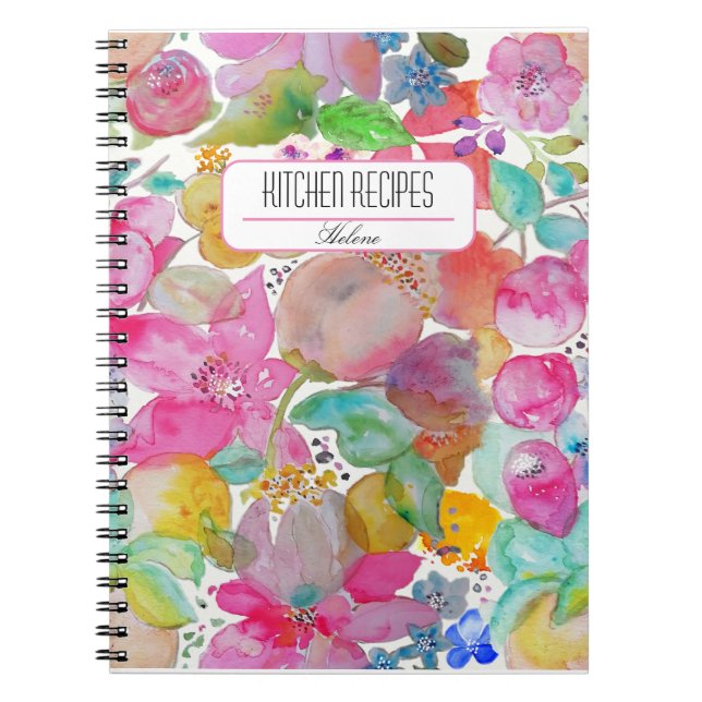 Caderno Espiral Recetas de cocina Flores de acuarela Personalizado (Frente)