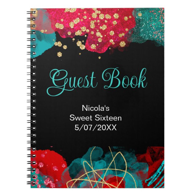 Caderno Espiral Red Alcohol Ink Sweet 16 Birthday Party Guest Book (Frente)