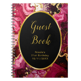 Caderno Espiral Red and Gold Marble Agate Birthday Guest Book